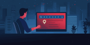 Žmogus kompiuteryje tvarko Google Business profilį; ekrane paieška su žvaigždutėmis ir vietos ženkleliu – vietinis SEO ir atsiliepimai gerina matomumą.