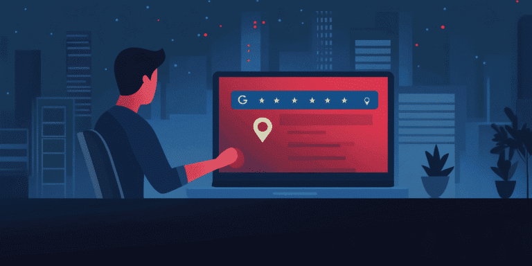 Žmogus kompiuteryje tvarko Google Business profilį; ekrane paieška su žvaigždutėmis ir vietos ženkleliu – vietinis SEO ir atsiliepimai gerina matomumą.