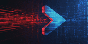 Mėlyna rodyklė ir raudonų kodo eilučių srautas, simbolizuojantys judėjimą pirmyn svetainės kūrimo procese.