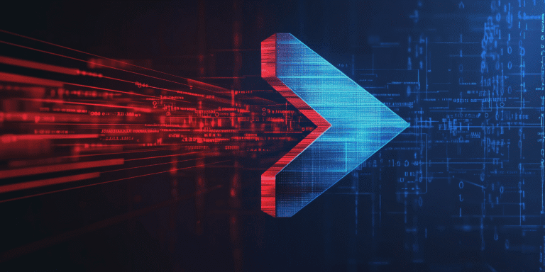 Mėlyna rodyklė ir raudonų kodo eilučių srautas, simbolizuojantys judėjimą pirmyn svetainės kūrimo procese.