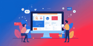 Du žmonės šalia didelio kompiuterio ekrano kuria verslo svetainę – iliustracija apie matomumą, pasitikėjimą ir pardavimų skatinimą internete.