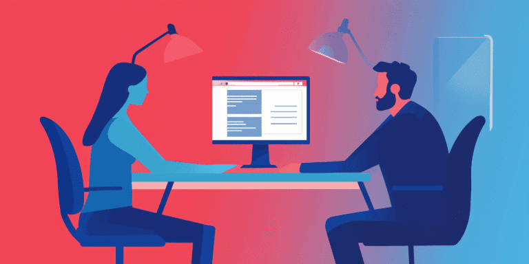 Klientas ir kūrėjas dirba prie kompiuterio – aiški komunikacija, partnerystė ir sąmoningas bendradarbiavimas kuriant svetainę.