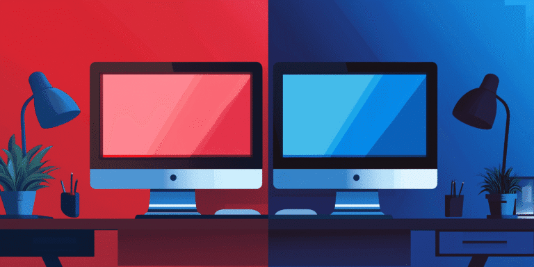 The two computer screens on the red and blue background represent the old and new website - to update or to create a new one?