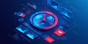 Laikrodis ir analitiniai skydeliai iliustruoja svetainės kūrimo etapus ir trukmę.