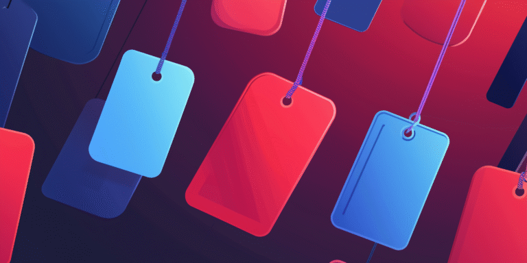 Raudonų ir mėlynų tonų kabančios kainų etiketės, simbolizuojančios interneto svetainės kainą ir biudžeto pasirinkimus.