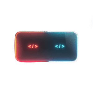 Neoninė kodo ikonėlė su programavimo ženklais – svetainių kūrimo, el. parduotuvių kūrimo ir priežiūros paslaugos.