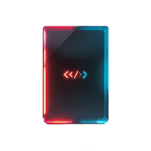 Neoninis vertikalus ekrano blokas su kodo simboliu – svetainių kūrimo ir el. parduotuvių paslaugos.