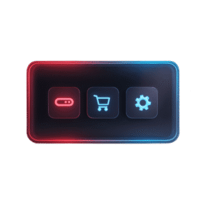 Neoninis ikonų blokas: nuoroda, pirkinių krepšelis ir nustatymai – svetainių kūrimas, el. parduotuvių kūrimas ir priežiūra.