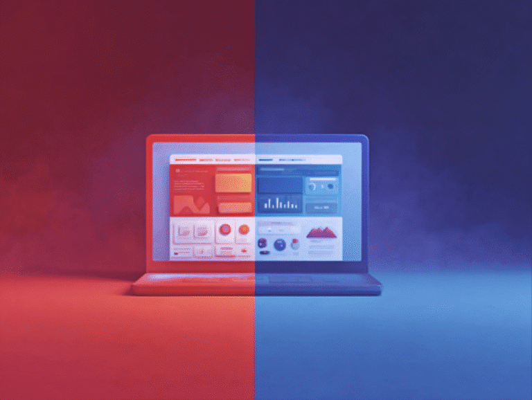 Illustration of a comparison between a template website and a custom design