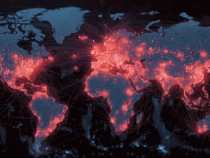 Pasaulinio Cloudflare sutrikimo žemėlapis, rodantis neveikiančių svetainių tinklų trikdžius