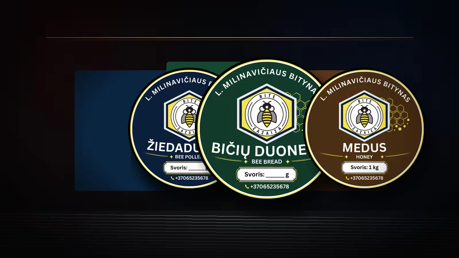 Bitė Zazaiza lipdukų dizainas trims bičių produktams
