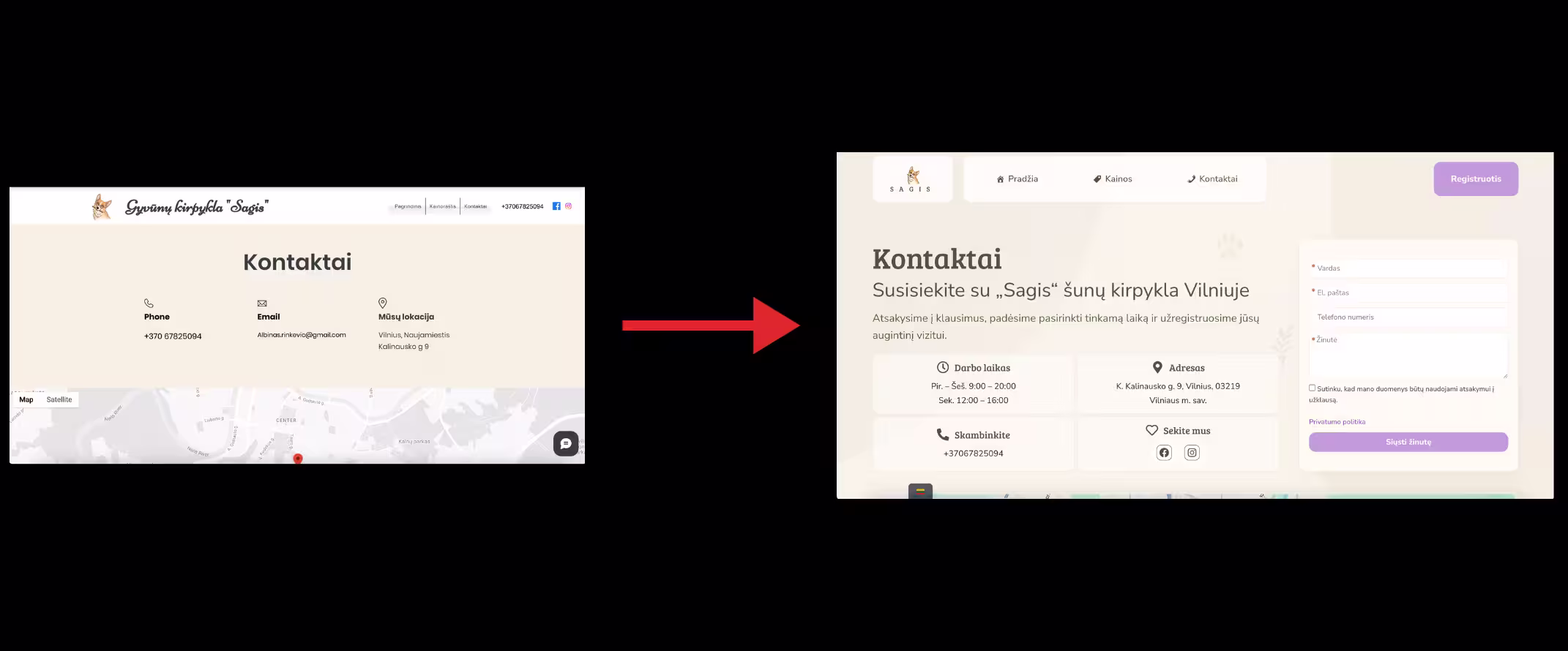 Sagis.lt contact page on your computer after the website update