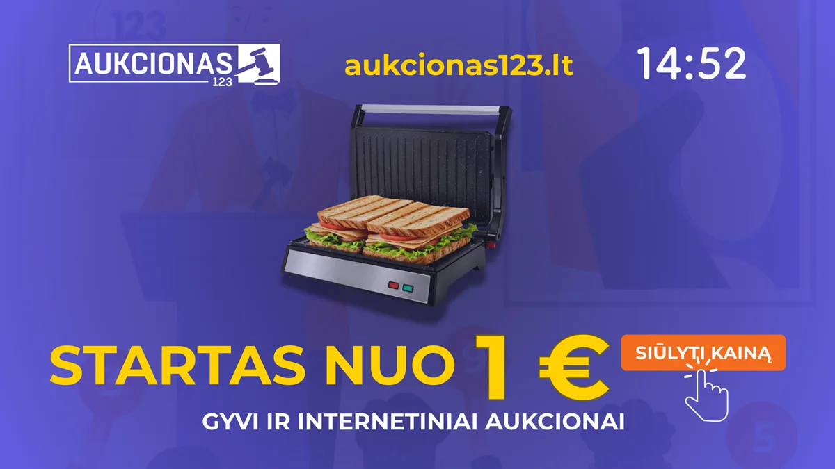 Aukcionas123 reklamos kadras su Startas nuo 1 euro žinute