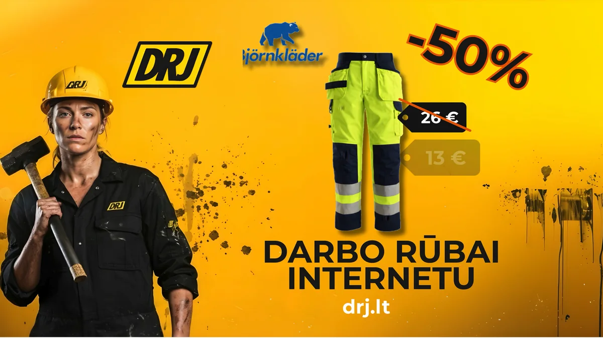 DRJ reklamos kadras su darbo rūbų produktu, 50 procentų nuolaida ir sena bei nauja kaina