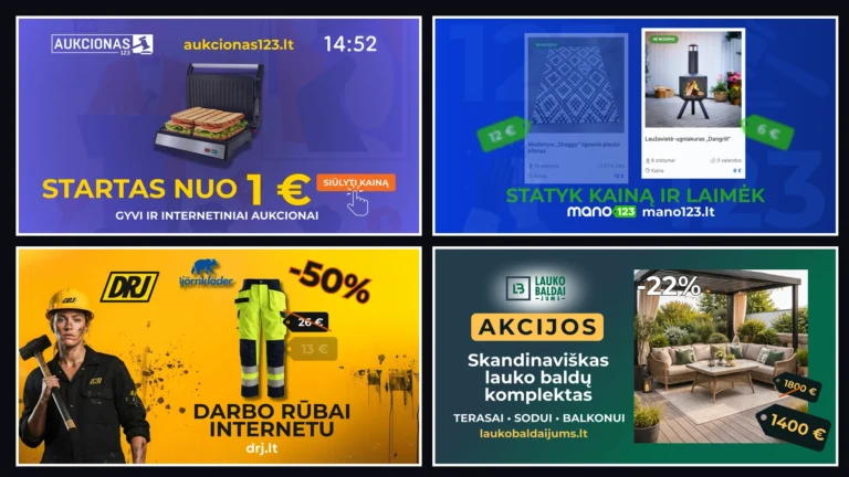 Kartojamos reklamos parduotuvės ekranui koliažas
