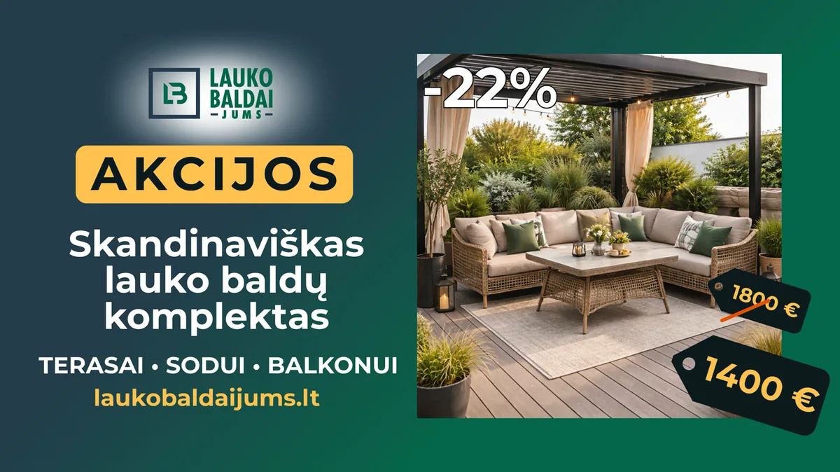 Lauko Baldai Jums reklamos kadras su akcijų bloku ir lauko baldų komplektu