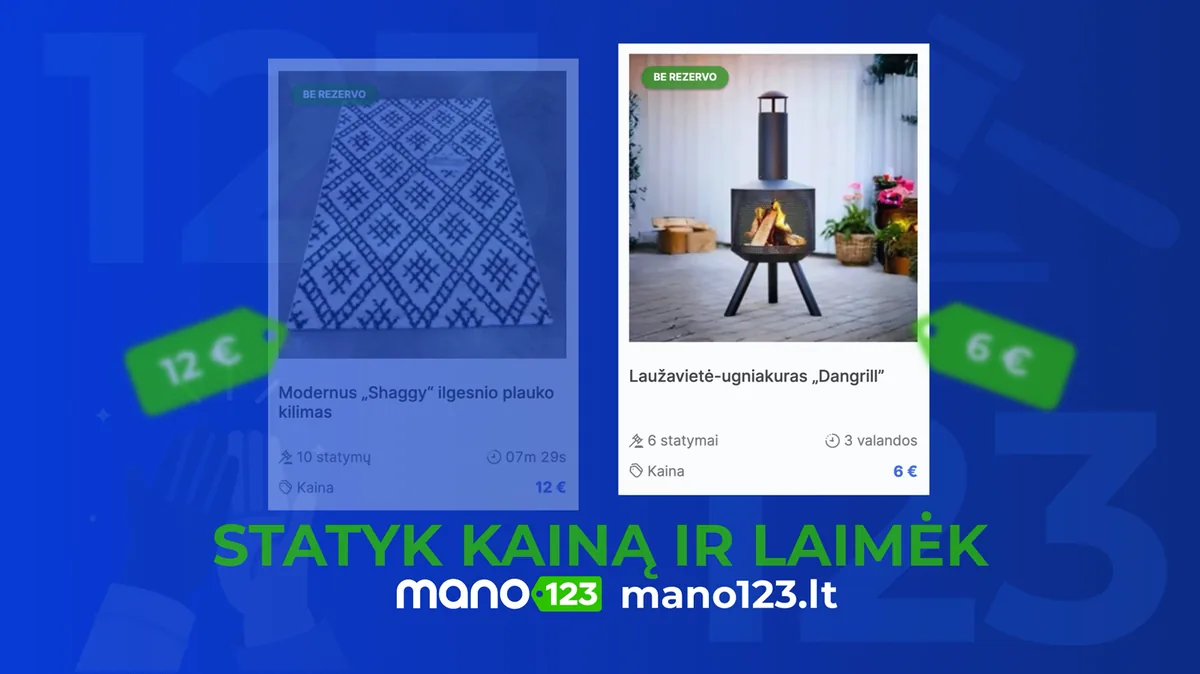 mano123 reklamos kadras su produkto kortelėmis ir statyk kainą žinute
